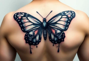 powerful majestic and dark monarch butterfly with skull detail in the wings
hidden skulls in wings, with a dripping effect, including blue, red and white colouring tattoo idea