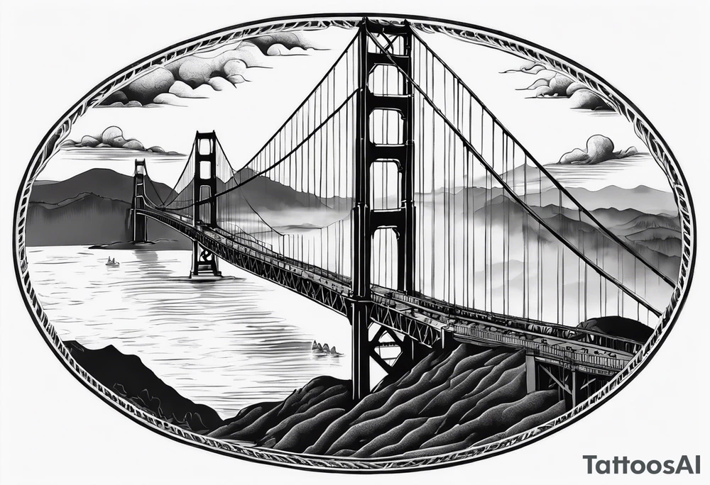 Golden Gate Bridge with fog rolling in with Marin hills in the background tattoo idea