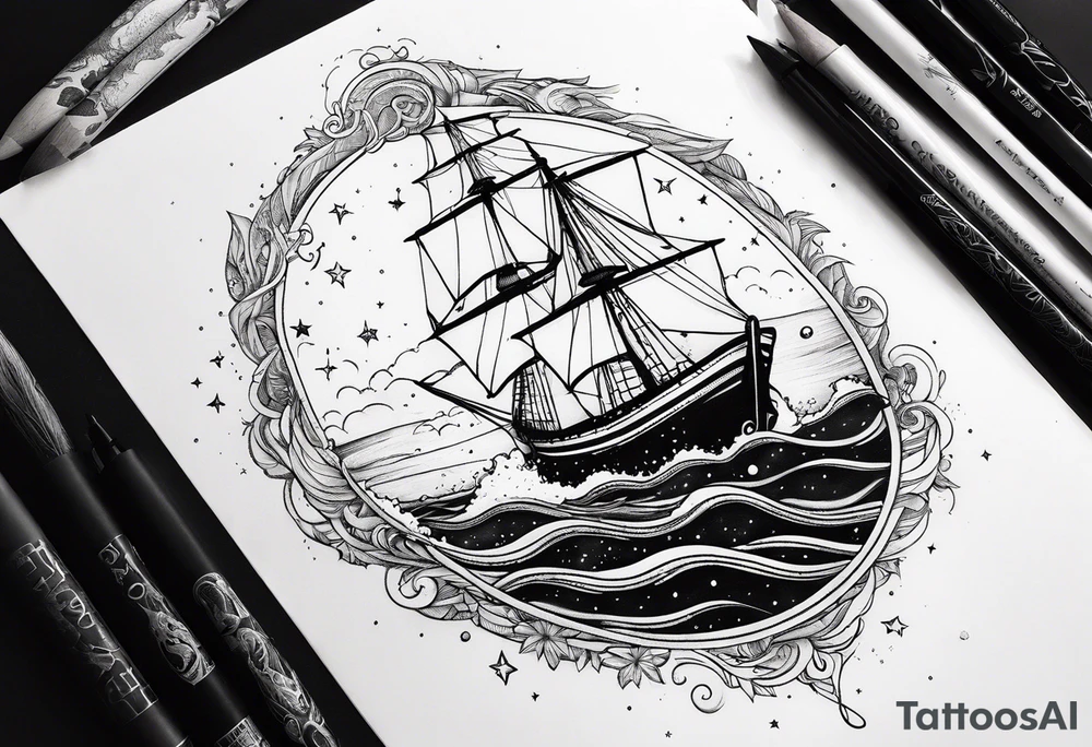 Moby dick inspired sperm whale jumping out of the water with the Virgo constellation in the sky and a sail boat at sea tattoo idea