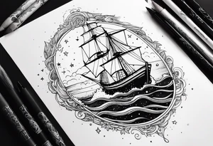 Moby dick inspired sperm whale jumping out of the water with the Virgo constellation in the sky and a sail boat at sea tattoo idea
