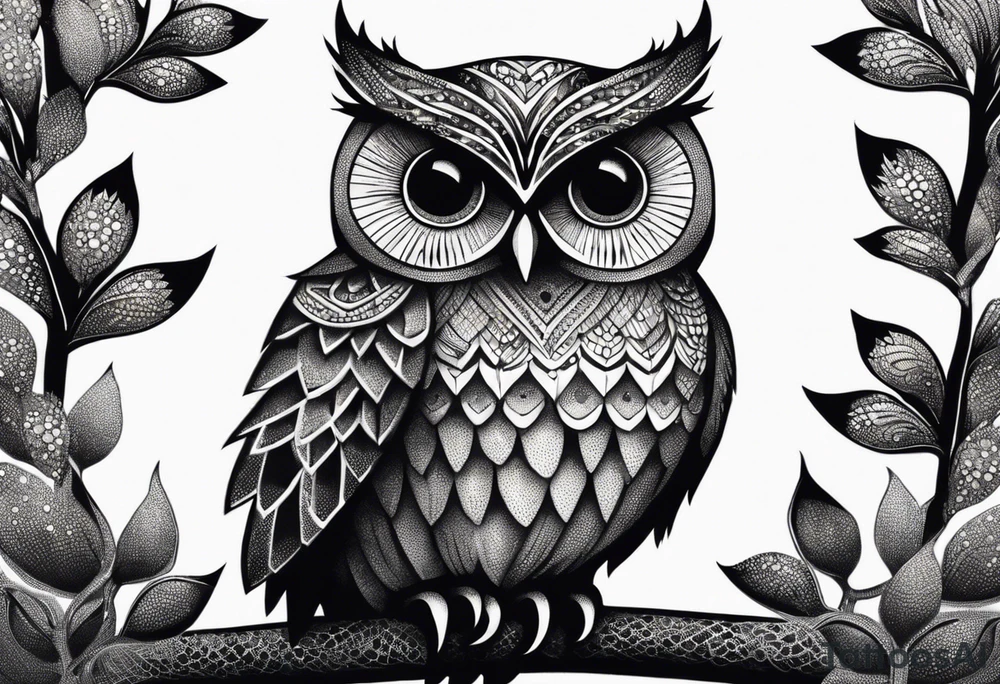 “A wise owl perched on a branch, with large, expressive eyes and intricate feather patterns, representing wisdom tattoo idea