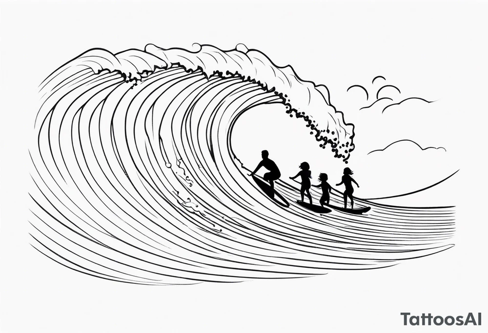 Single line wave tattoo with a dad and his two toddler daughters surfing on one surfboard tattoo idea
