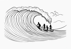 Single line wave tattoo with a dad and his two toddler daughters surfing on one surfboard tattoo idea