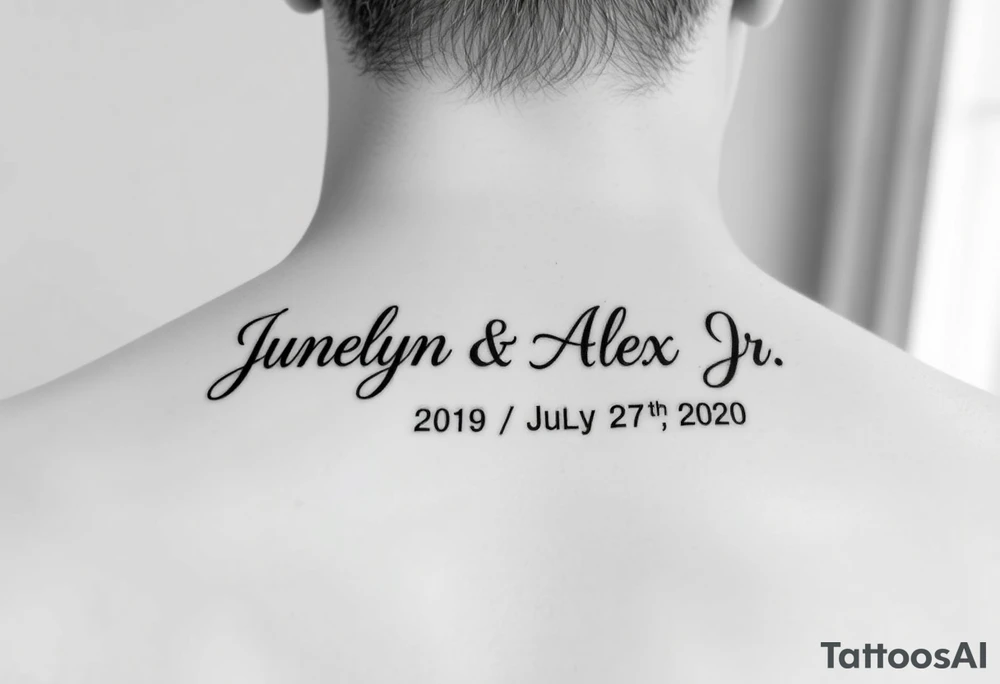 Junelyn & Alex Jr in cursive font & the dates June 9th 2019 & July 27th 2020 in roman numerals tattoo idea