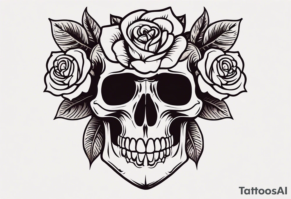 traditional Knee tattoo in fall colors showing a large skull with a rose in the style of Mark Mahoney tattoo idea