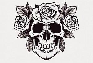 traditional Knee tattoo in fall colors showing a large skull with a rose in the style of Mark Mahoney tattoo idea