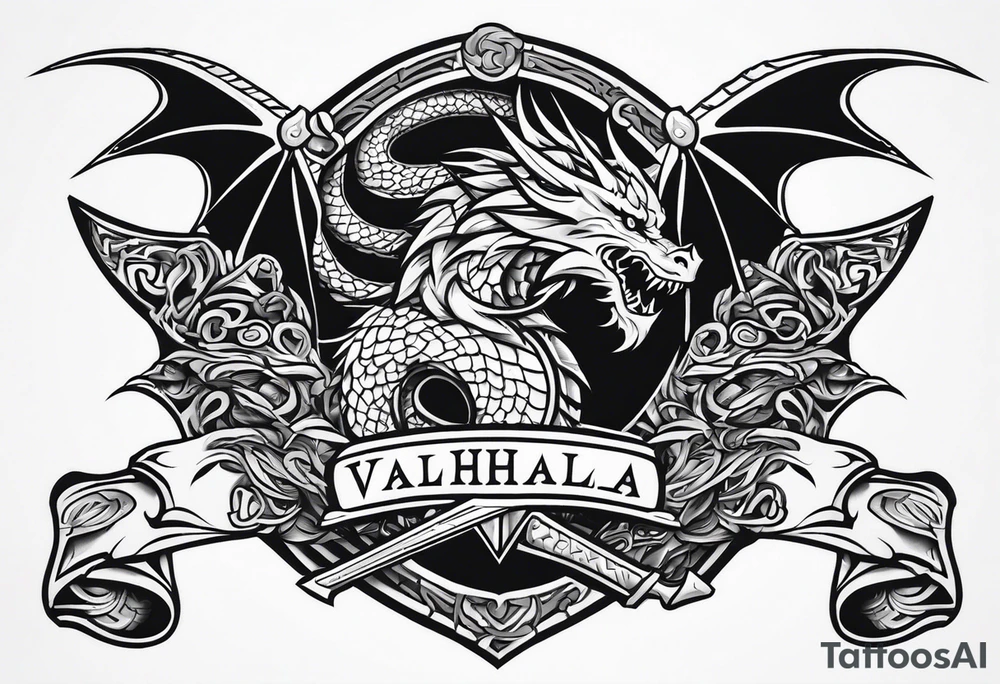 Valhalla sword shield dragon axe tattoo idea
