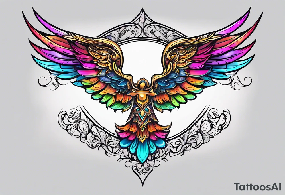 beautiful intricate colorful new school angel wings, tattoo idea