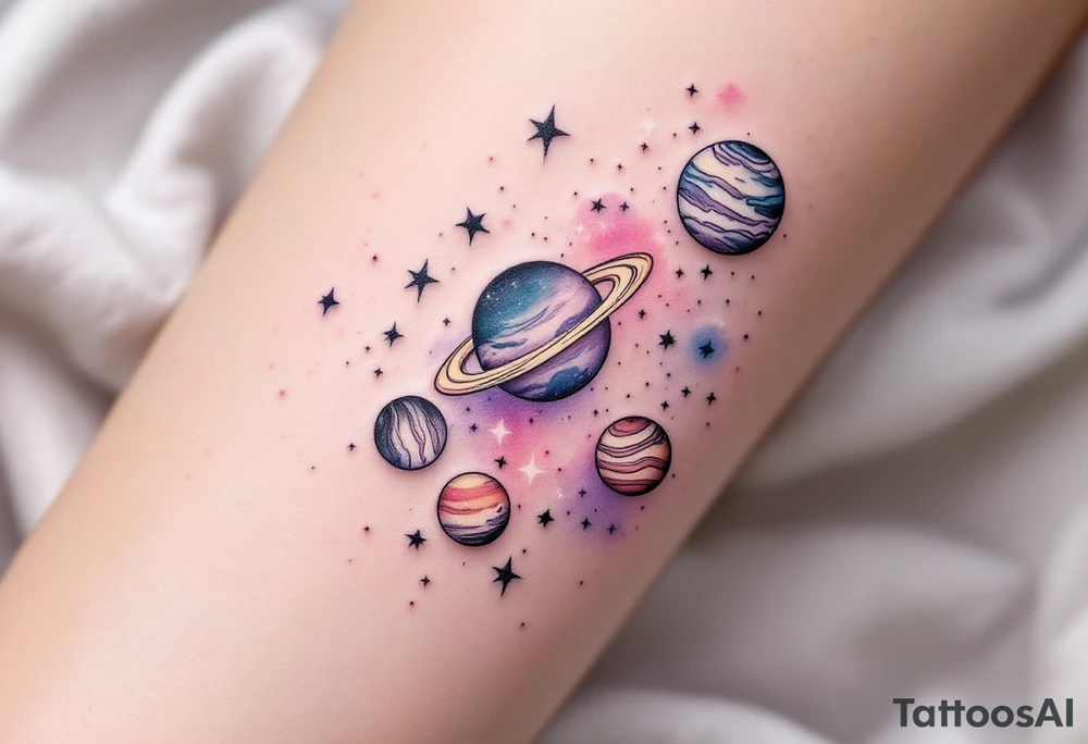A dreamy cosmic scene on the thigh with Sagittarius stars surrounded by planets in soft pastel purples and pinks. tattoo idea