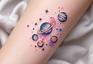 A dreamy cosmic scene on the thigh with Sagittarius stars surrounded by planets in soft pastel purples and pinks. tattoo idea