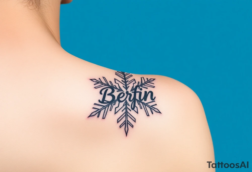 Blue backround, a snowflake and the name „Berfin“ in it tattoo idea