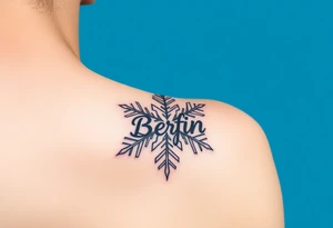 Blue backround, a snowflake and the name „Berfin“ in it tattoo idea