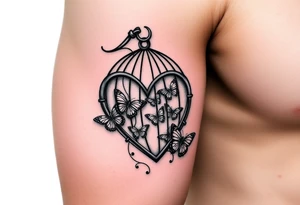 bird cage with broken heart-shaped lock and cage door open with butterflies flying out of it tattoo idea