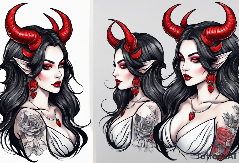 succubus with red horns in a portrait tattoo idea