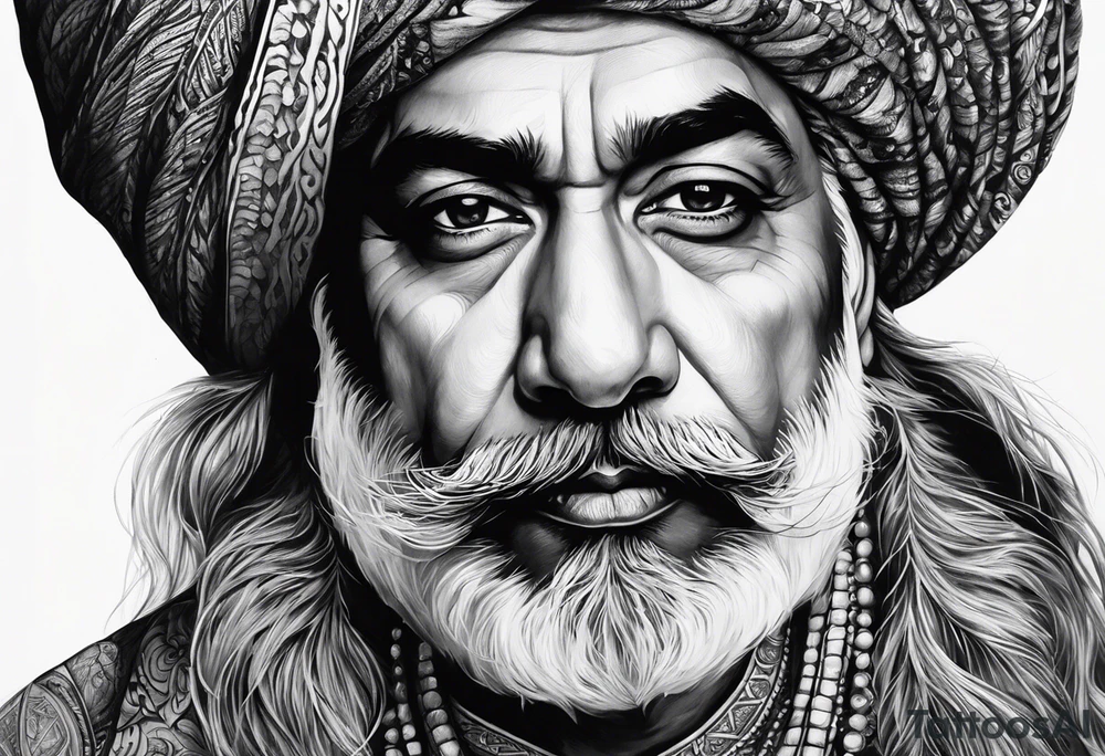 Half of sant jarnail bhinderwala ji’s face put together with half of a lions face tattoo idea