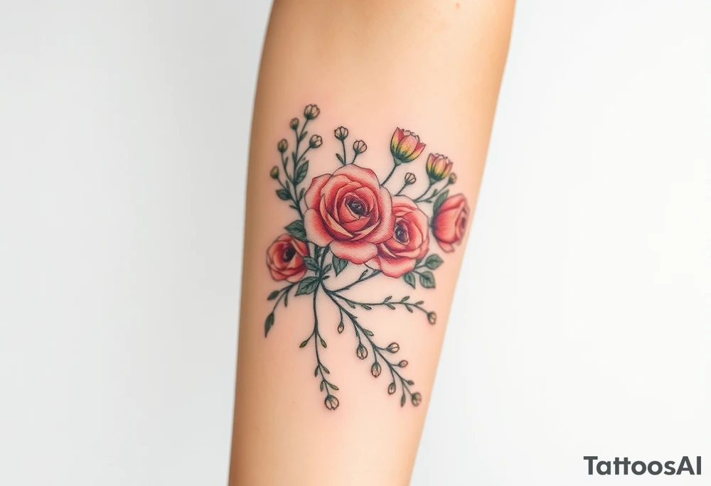 vintage bouquet of wild roses and meadow flowers with morning dew tattoo idea