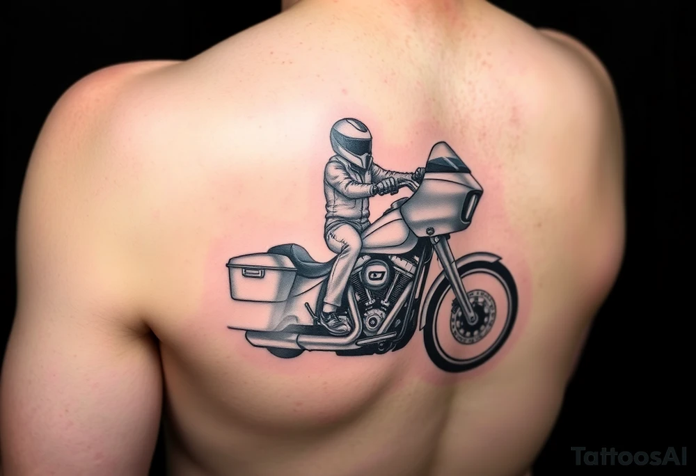 a two person on a Harley Road Glide 2018 on a forearm and a harley's engine on the top of the hand make it as realistic and use the arm to place the tatoo tattoo idea