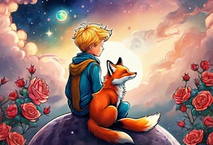 The Little prince sitting on his planet toghether with the fox on his planet besides his rose. Both are watching into the sky tattoo idea