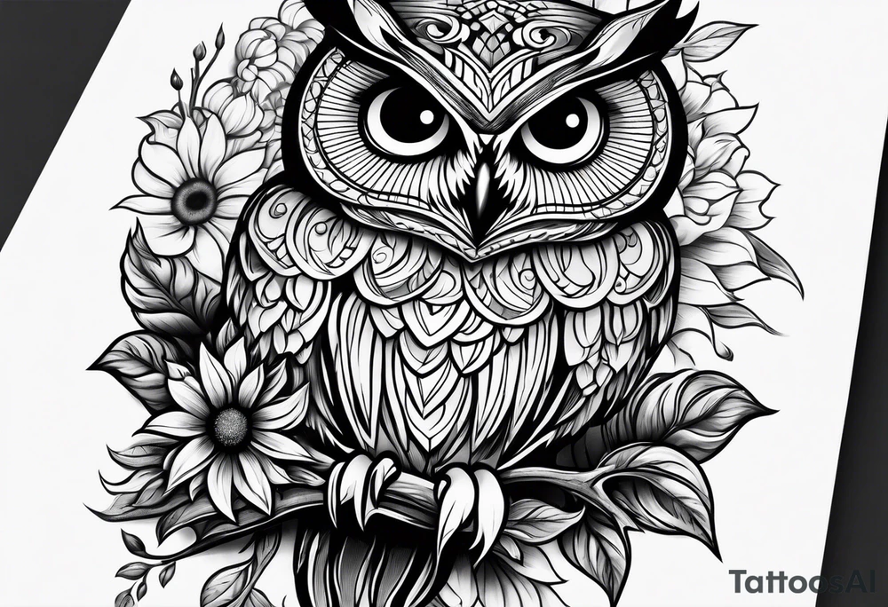 Black and white owl with sunflowers leg sleeve tattoo idea