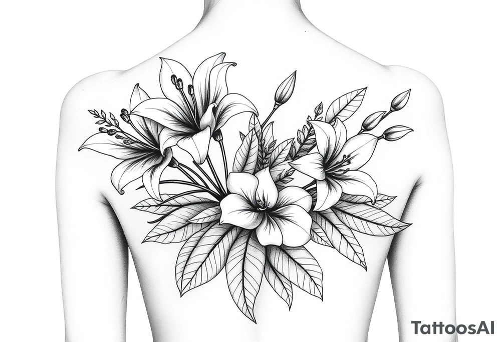 lilies and spider plant in a floral wrap on the arm tattoo idea