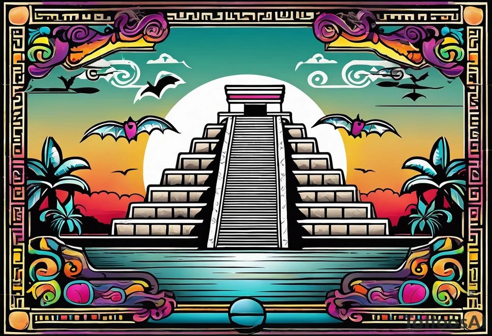 Colorful ancient Mayan hieroglyph with sunglasses reflecting Chichen itza. Bats and waves tattoo idea