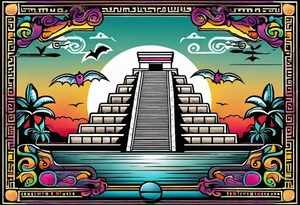 Colorful ancient Mayan hieroglyph with sunglasses reflecting Chichen itza. Bats and waves tattoo idea
