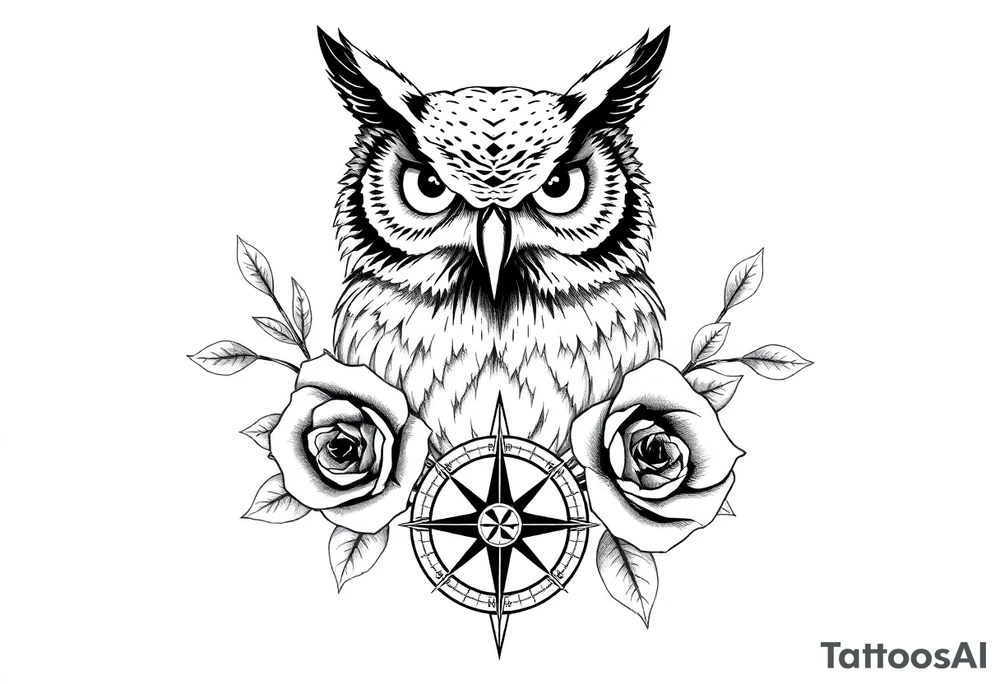 an owl,roses,compass. tattoo idea
