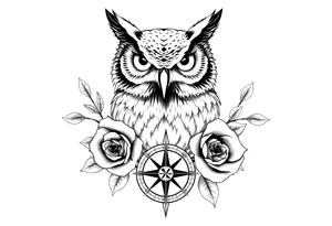 an owl,roses,compass. tattoo idea