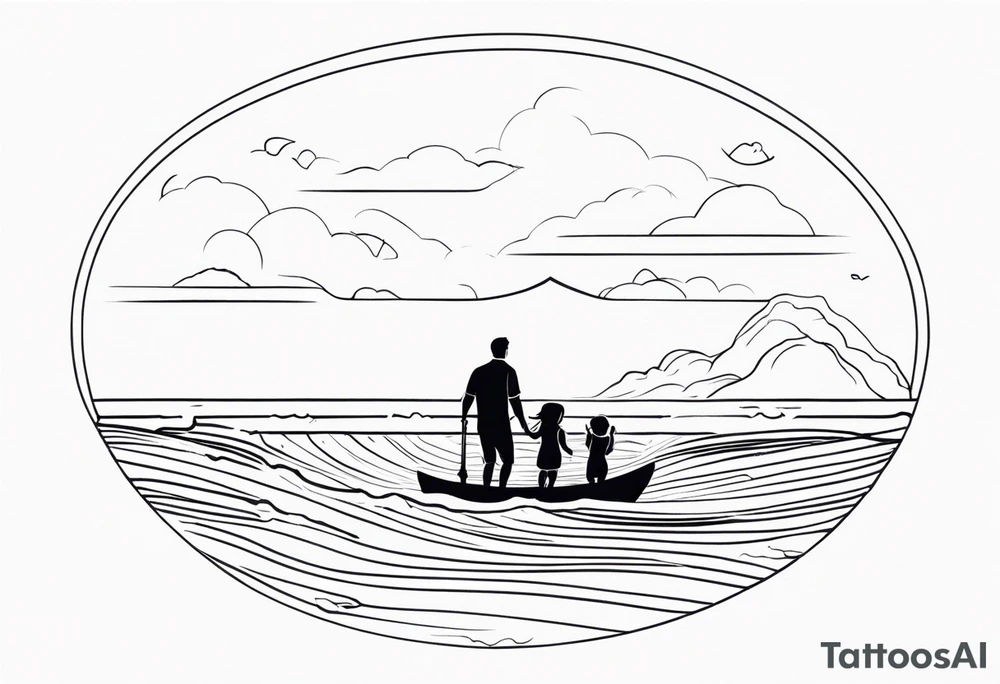 Black and white, single needle, minimal Line work tattoo with a dad and his two toddler daughters in the ocean. tattoo idea