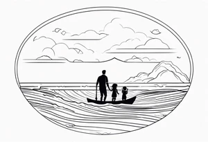 Black and white, single needle, minimal Line work tattoo with a dad and his two toddler daughters in the ocean. tattoo idea