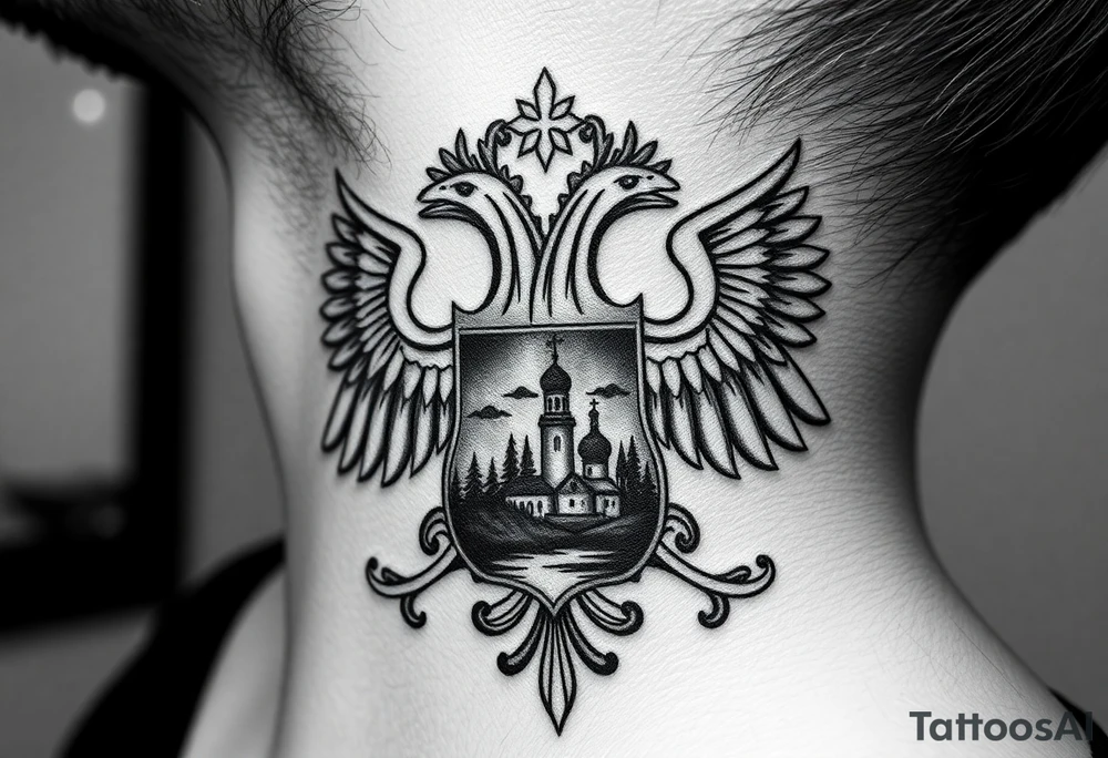 Traditional authentic Russian coat of arms with double headed eagle & a well shaded Christian orthodox virgin marry in the middle with silhouette of a lake in a Russian wilderness Christian orthodoxy dome church village setting on the side of my neck tattoo idea