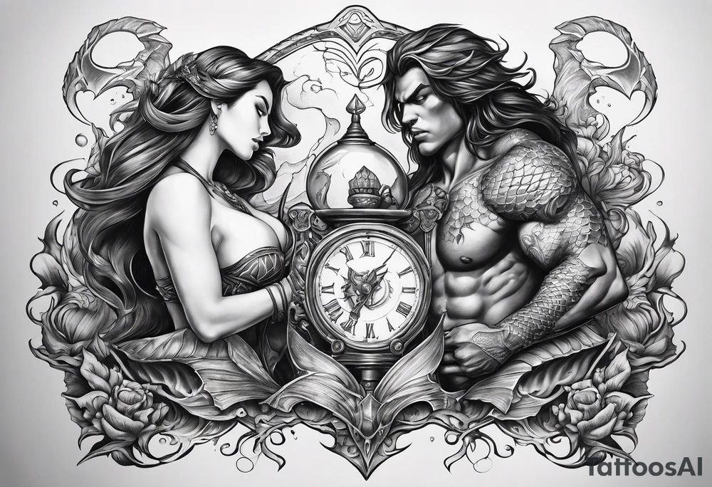 for the chest, a tattoo of a female mermaid and a male demon fighting each other over an hourglass. tattoo idea