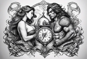 for the chest, a tattoo of a female mermaid and a male demon fighting each other over an hourglass. tattoo idea