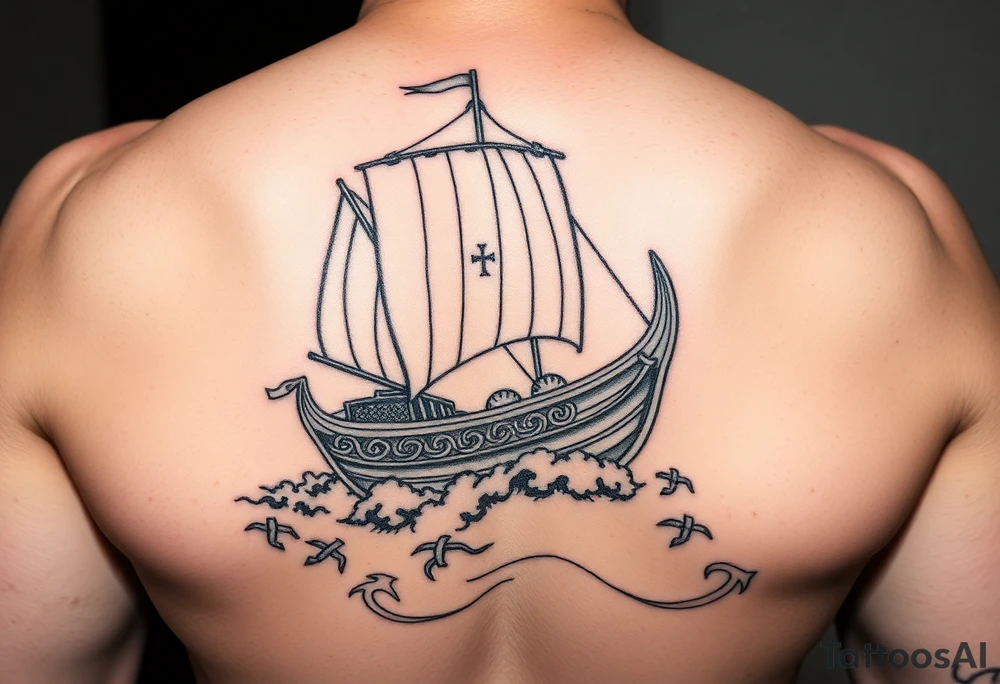 Viking longship sailing through stormy seas, intricate knotwork details, dramatic lighting. tattoo idea