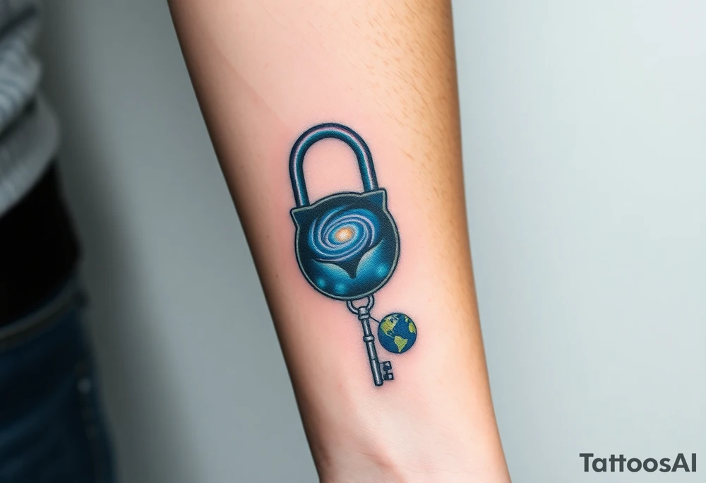 A metallic blue lock with a swirling galaxy inside, and a delicate silver key with a tiny planet Earth at its handle tattoo idea