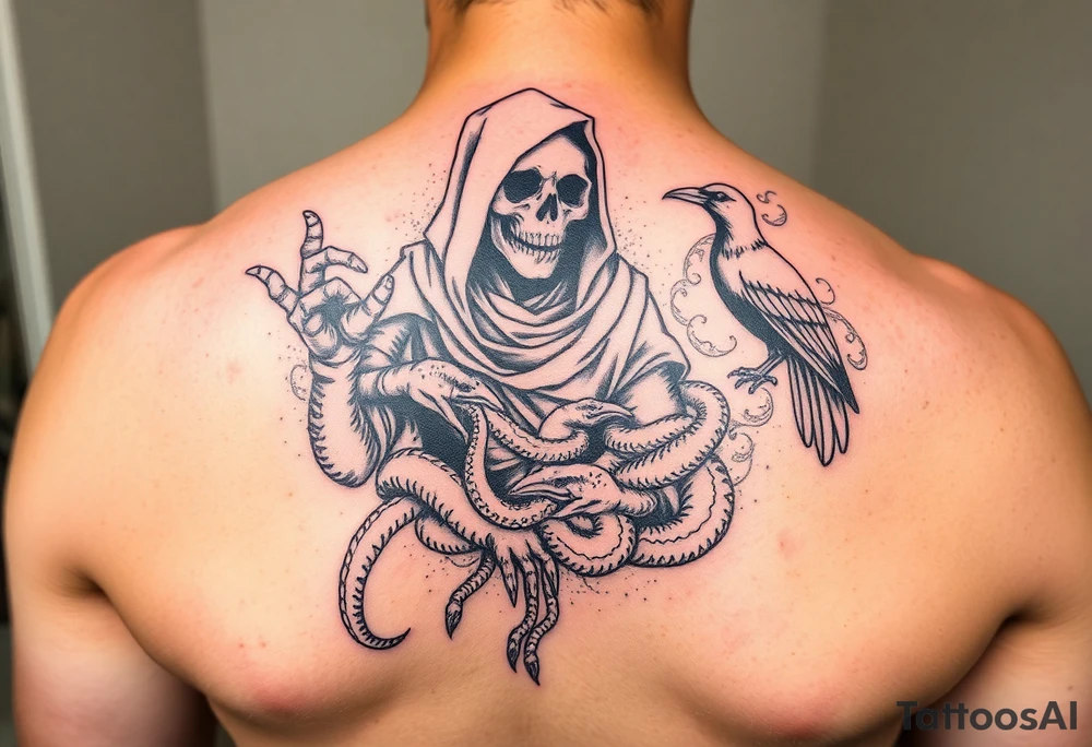 Mix grim reaper, snakes, crow and smoke tattoo idea
