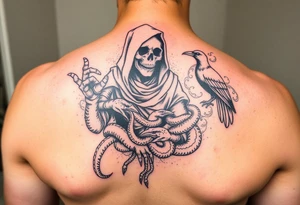 Mix grim reaper, snakes, crow and smoke tattoo idea