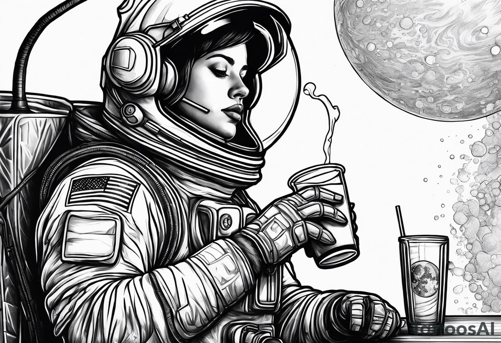 A astronaut drinking a drink with a double styrofoam cup tattoo idea