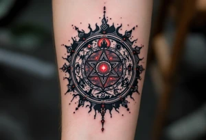 A charcoal black alchemical circle containing zodiac signs and red dots of energy at each point. tattoo idea