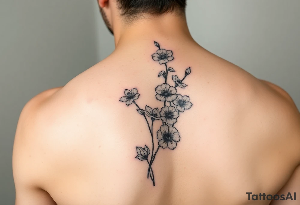 fine line sweet pea vine with larkspur and violet tattoo idea