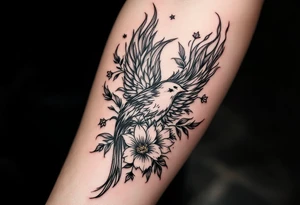 Feminine bird with flames and flowers tattoo idea