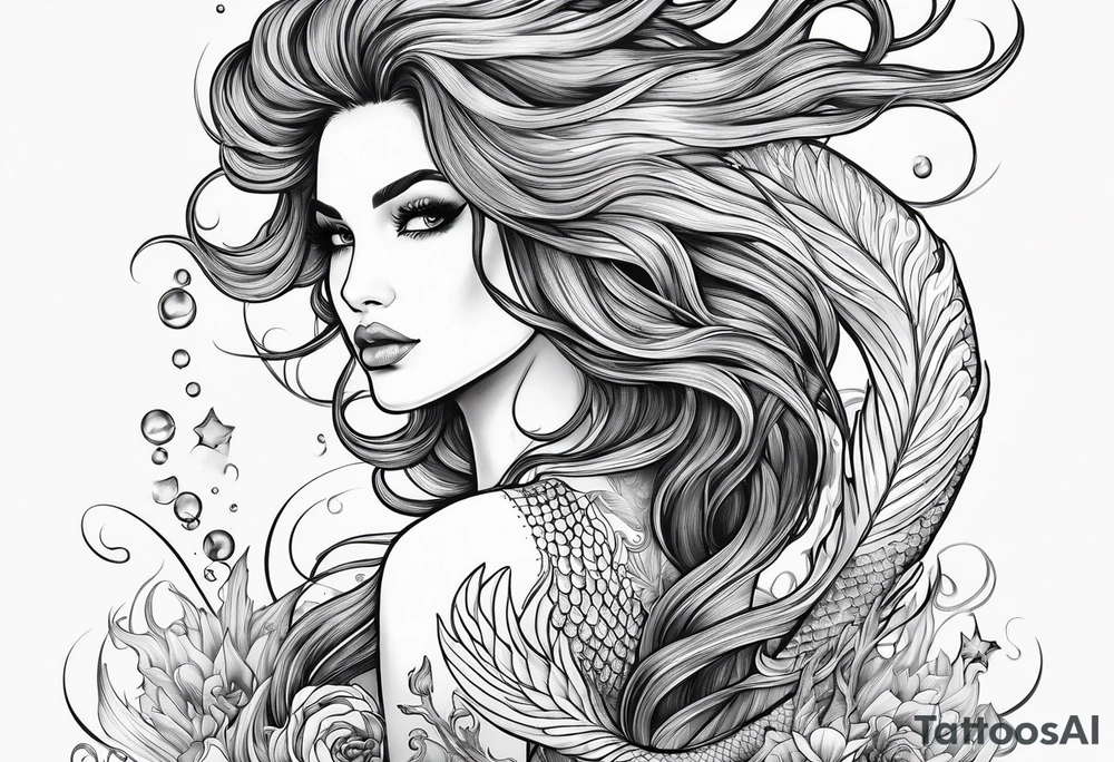 mystical sultery
 mermaid with long 
flowing tail and hair, tattoo sleeve tattoo idea