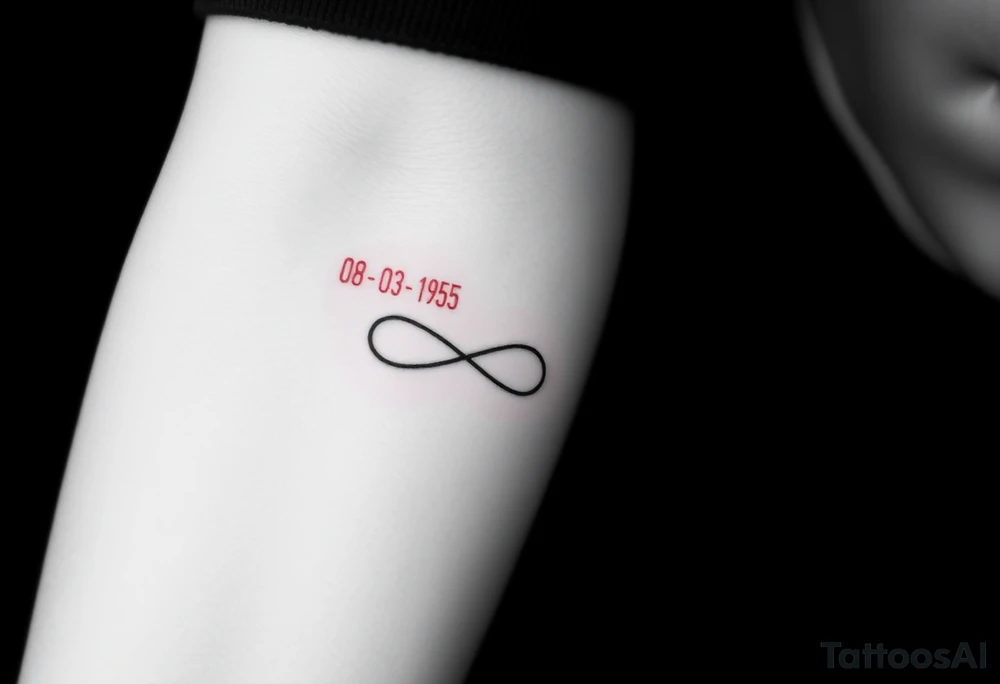 Quero uma tatuagem no antebraço, simples e elegante. O design deve começar com a data de nascimento do meu avô 08-03-1955escrita em vermelho, seguida de um símbolo de infinito em branco, com uma leve sombra ao redor para destacá-lo. O símbolo de infinito deve continuar numa linha reta, como se fosse um infinito sem fim. A linha deve ser discreta e uniforme, mantendo um estilo minimalista. tattoo idea