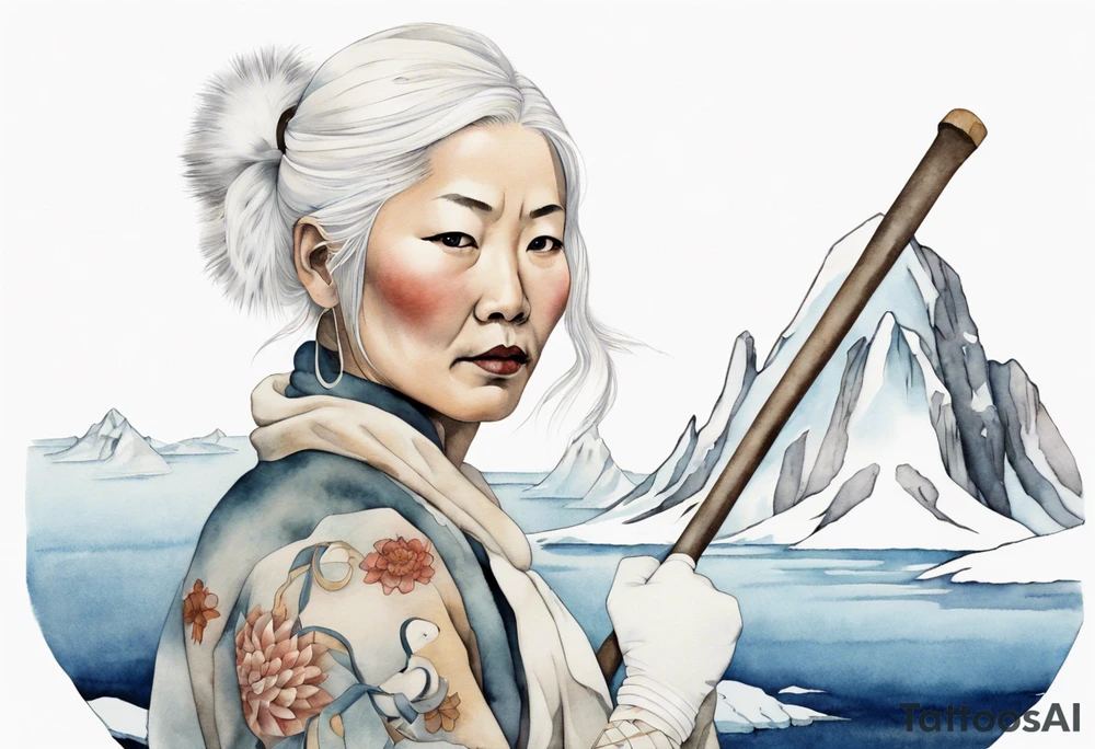 a middle aged Inuit woman with white hair wearing white mittens, holding a white bowstaff, standing on an iceberg tattoo idea