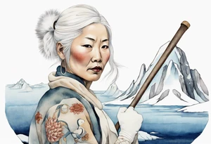 a middle aged Inuit woman with white hair wearing white mittens, holding a white bowstaff, standing on an iceberg tattoo idea
