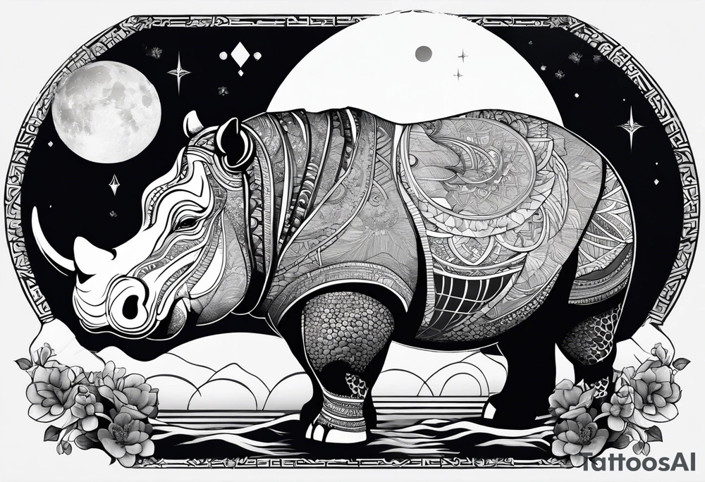 Asymmetrical, geometric, chinese ink art touch, hippo , full moon, tribal tattoo idea