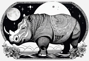 Asymmetrical, geometric, chinese ink art touch, hippo , full moon, tribal tattoo idea