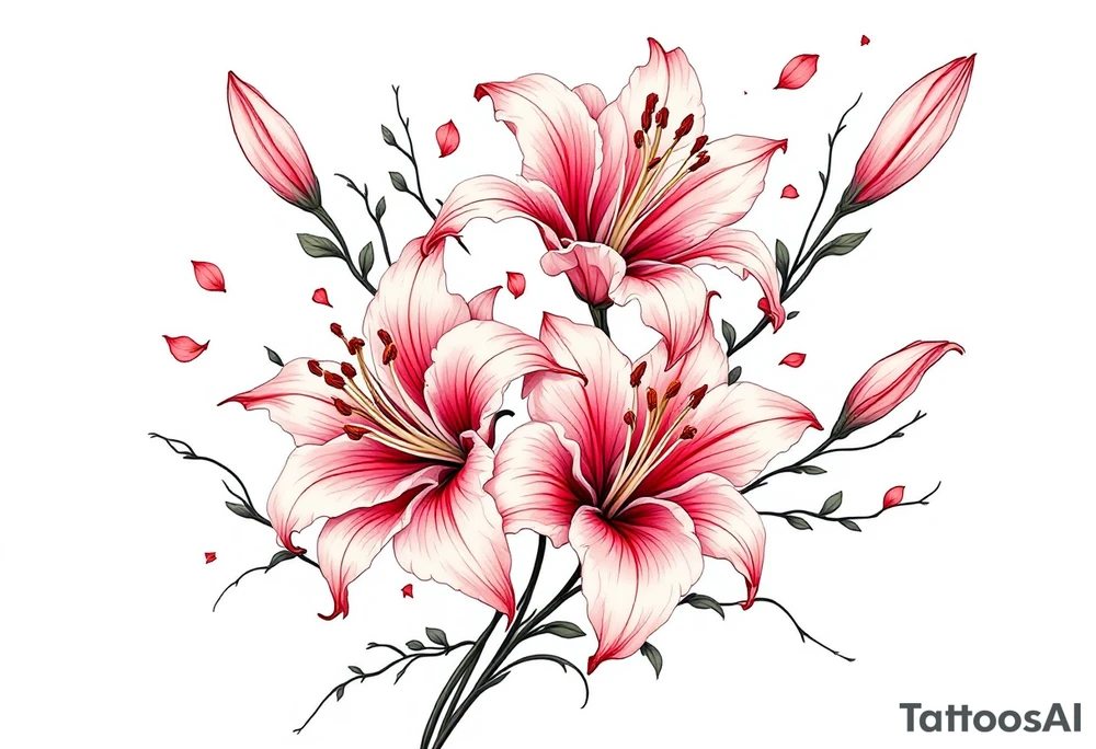 delicate lilies swirling in spring breeze with petals tattoo idea