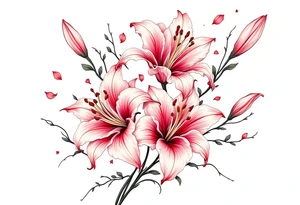 delicate lilies swirling in spring breeze with petals tattoo idea