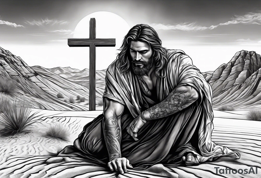 man crawling in a desert reaching to the cross of Christ tattoo idea